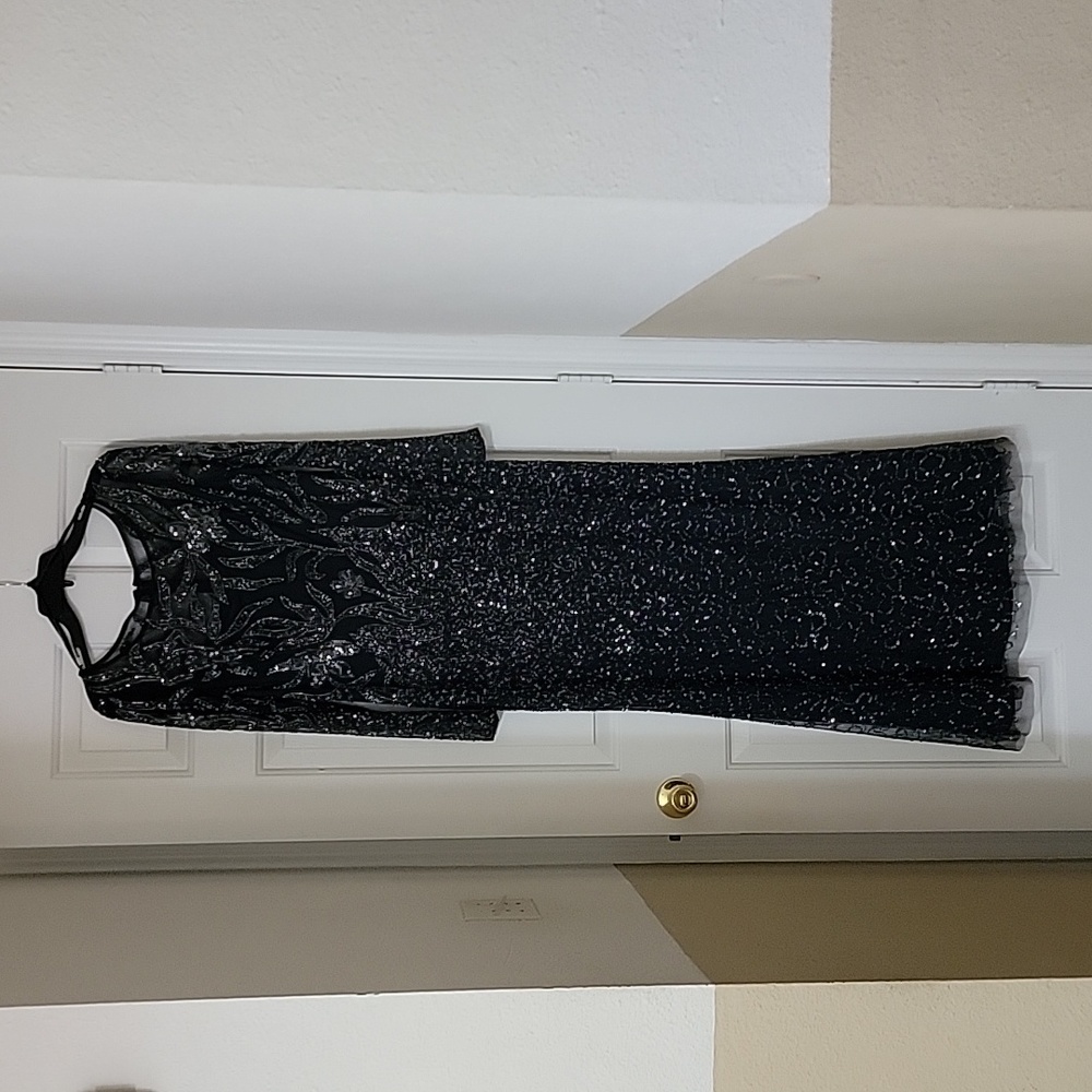 Adrianna Pappell long sleeve beaded sequin gown.